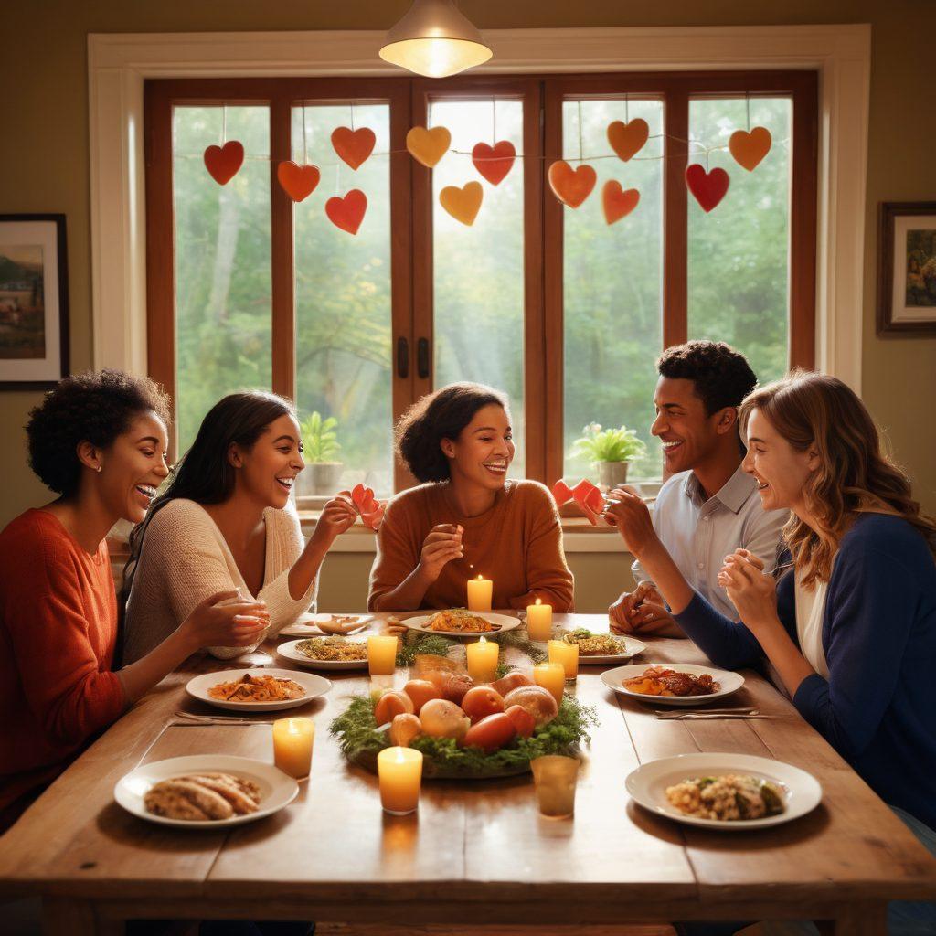 A heartwarming scene of a diverse group of friends gathered around a table filled with laughter and delicious food, symbolizing connection and love. Soft warm lighting cascades over their joyful faces, with heart shapes formed by their hands in the center. A backdrop of sentimental photos on the wall portrays cherished memories. Whisper of nature through an open window, depicting a sense of belonging. super-realistic. vibrant colors. warm and inviting atmosphere.