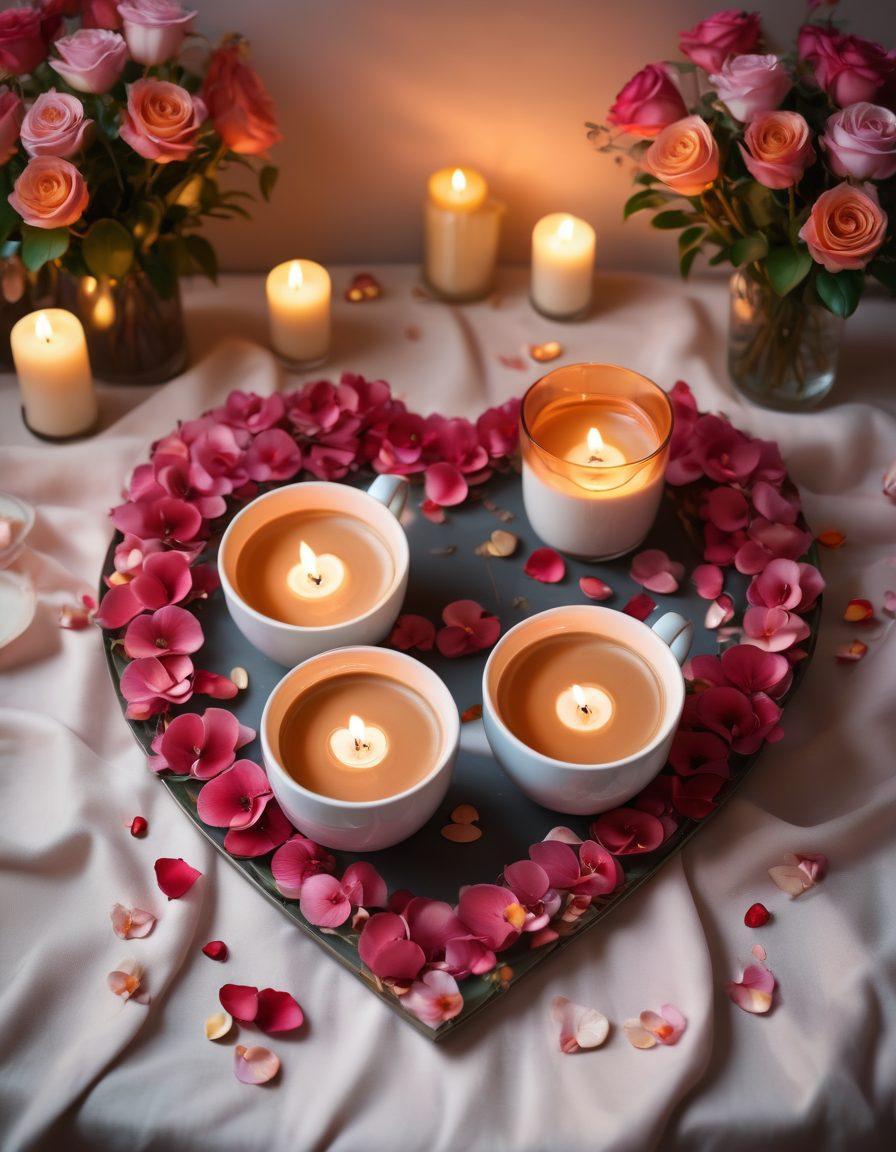 A cozy, intimate setting featuring two coffee cups on a beautifully set table, surrounded by flickering candlelight and soft rose petals. A heart-shaped arrangement of vibrant flowers in the background symbolizes love and connection. The color palette should be warm and inviting, with a dreamy atmosphere to evoke romance. super-realistic. vibrant colors. soft focus.