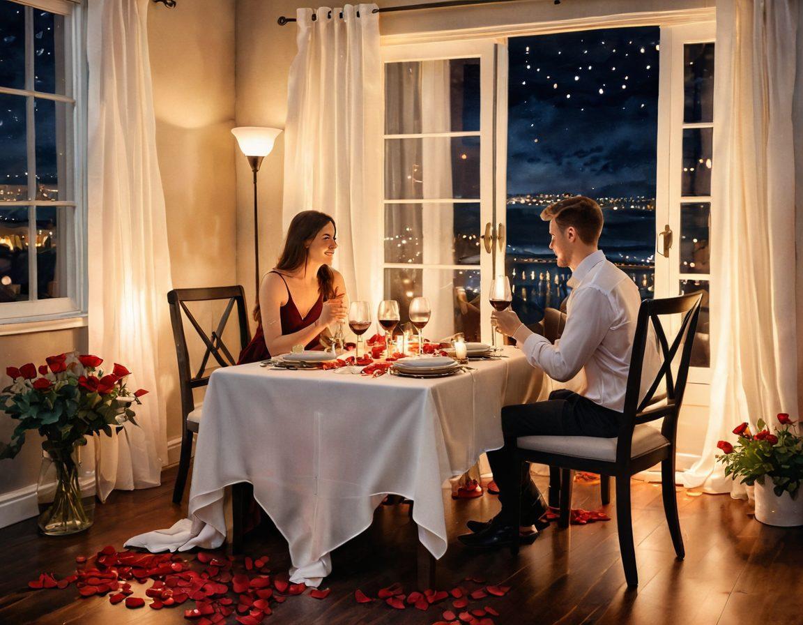 An intimate setting capturing a cozy dinner with soft candlelight, a beautifully set table with rose petals, and two wine glasses filled with red wine. In the background, a couple sharing a tender glance while surrounded by fairy lights, creating a warm glow. Emphasize romantic elements like soft pillows and a gentle breeze moving sheer curtains. watercolor painting. warm tones.